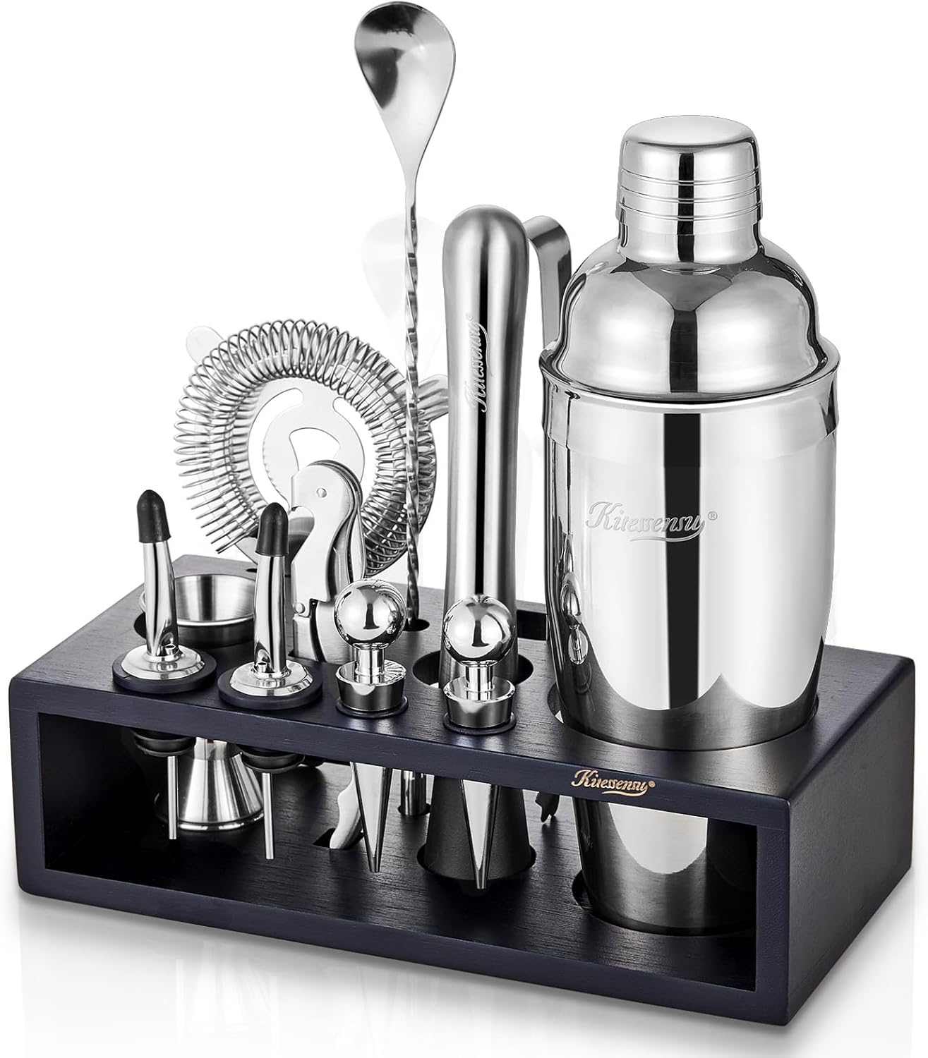 12-Piece Cocktail Shaker Set with Stand | Mixology Bartender Kit Bar Set with Essential Bar Accessories for Home Bar: Martini Shaker, Jigger, Muddler, Bar Spoon | Drink Mixer Cocktail Kit