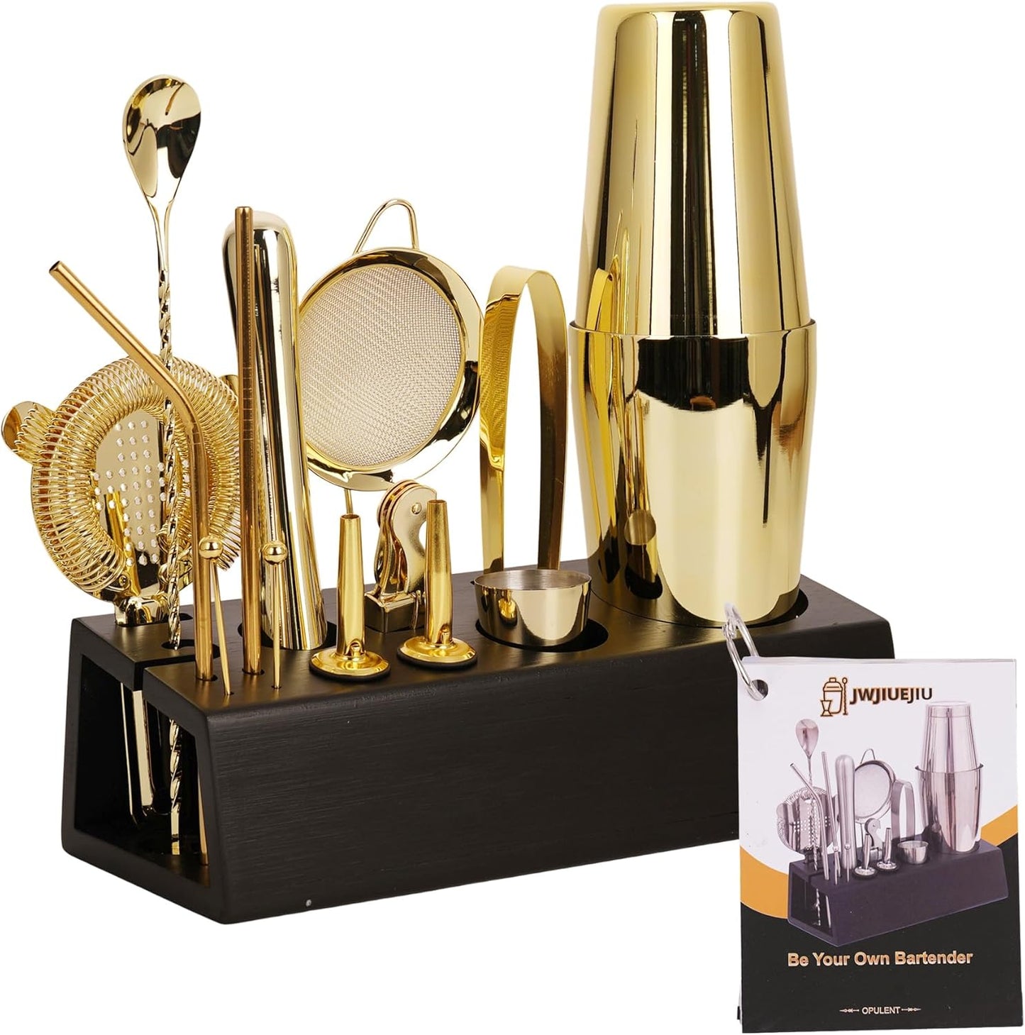 15-Piece Cocktail Shaker Set with Bamboo Stand, Stainless Steel Bar Set Accessories, Professional Bartending Kit Home Bar Tools Set with Recipes (Gold, Black Stand)