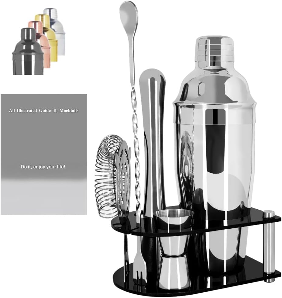 5 Piece Stainless Steel Bar Set, Cocktail Shaker Set with Stand, Drink Mixing Kit Includes Shaker,Strainer,Jigger, Bar Mixer Spoon, Muddler (750ml(25oz))
