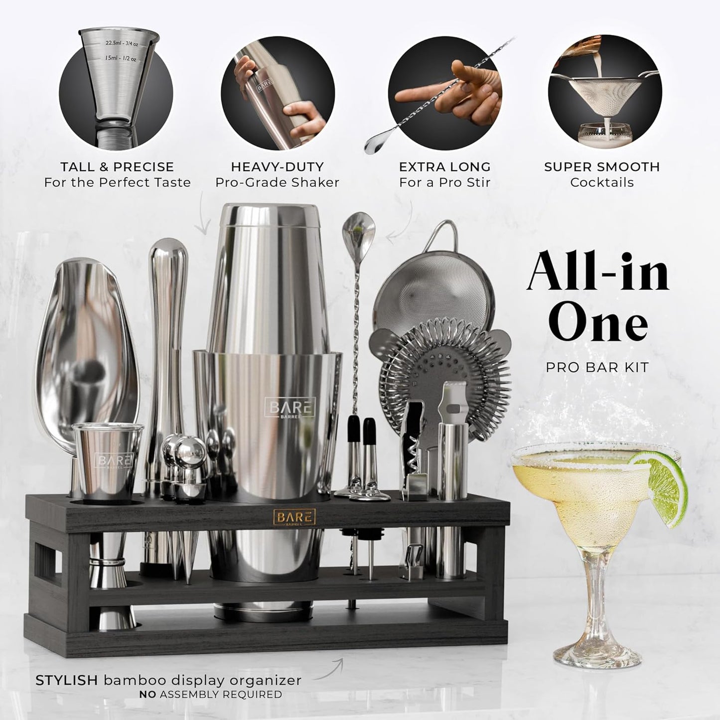 Mixology Bartender Kit Bar Set | 16-Piece Cocktail Shaker Set | Martini Barware Mixing Tools for Home Bartending | Incl. 35 Recipe Cards | Gift Set (28oz Boston Shaker, Silver/Black)