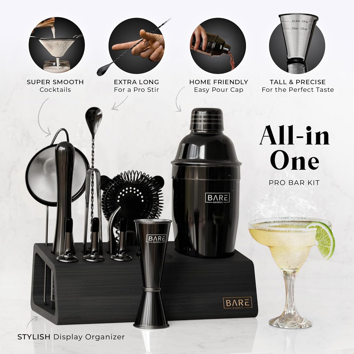 Mixology Bartender Kit Bar Set | 14-Piece Cocktail Shaker Set | Martini Barware Mixing Tools for Home Bartending | Incl. 35 Recipe Cards | Gift Set (24oz Cobbler Shaker, Jet Black/Black)