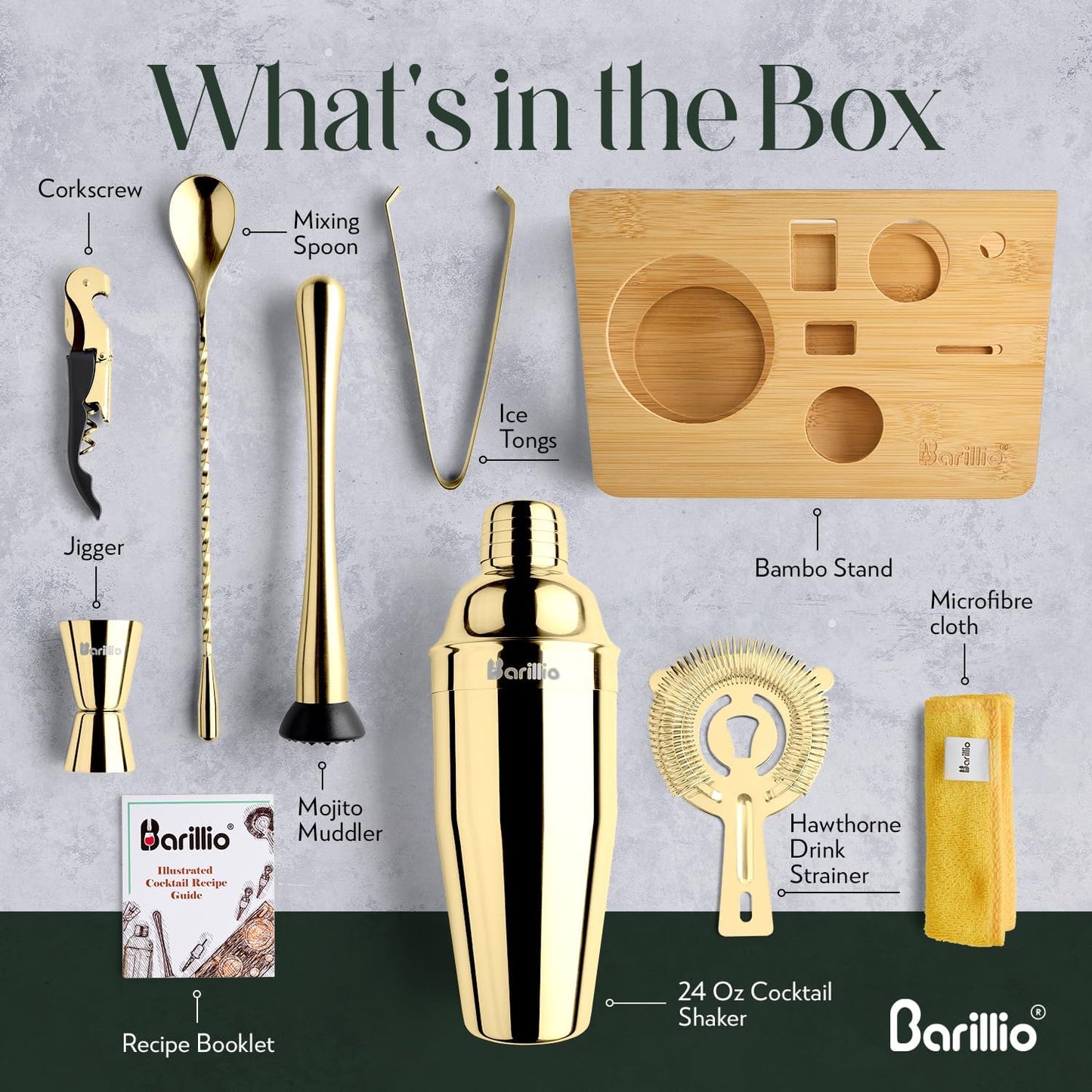 Stainless-Steel Cocktail Shaker Set w/Bamboo Stand - Mixology Bar Tools w/Shaker, Drink Mixer Spoon & Muddler for Cocktails - Home Bar Accessories - 10-Pc Bar Set