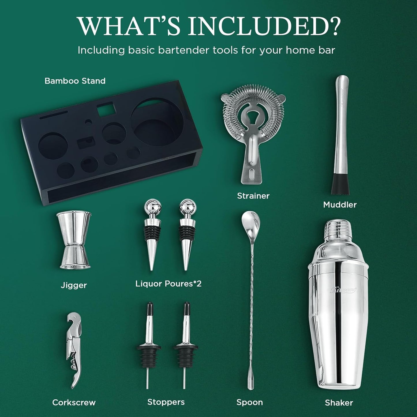 12-Piece Cocktail Shaker Set with Stand | Mixology Bartender Kit Bar Set with Essential Bar Accessories for Home Bar: Martini Shaker, Jigger, Muddler, Bar Spoon | Drink Mixer Cocktail Kit