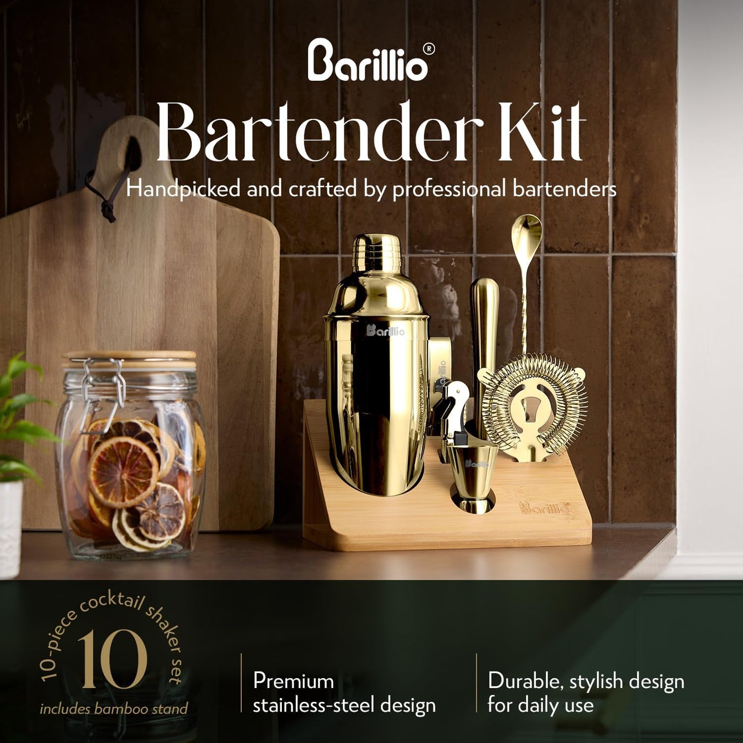 Stainless-Steel Cocktail Shaker Set w/Bamboo Stand - Mixology Bar Tools w/Shaker, Drink Mixer Spoon & Muddler for Cocktails - Home Bar Accessories - 10-Pc Bar Set