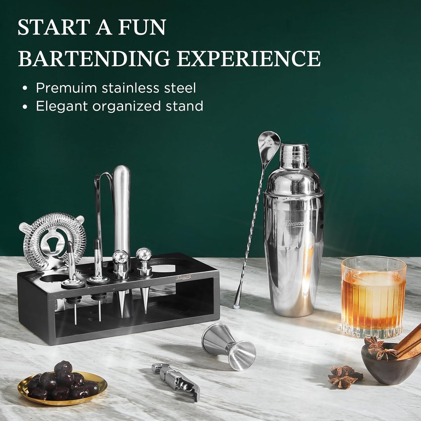 12-Piece Cocktail Shaker Set with Stand | Mixology Bartender Kit Bar Set with Essential Bar Accessories for Home Bar: Martini Shaker, Jigger, Muddler, Bar Spoon | Drink Mixer Cocktail Kit