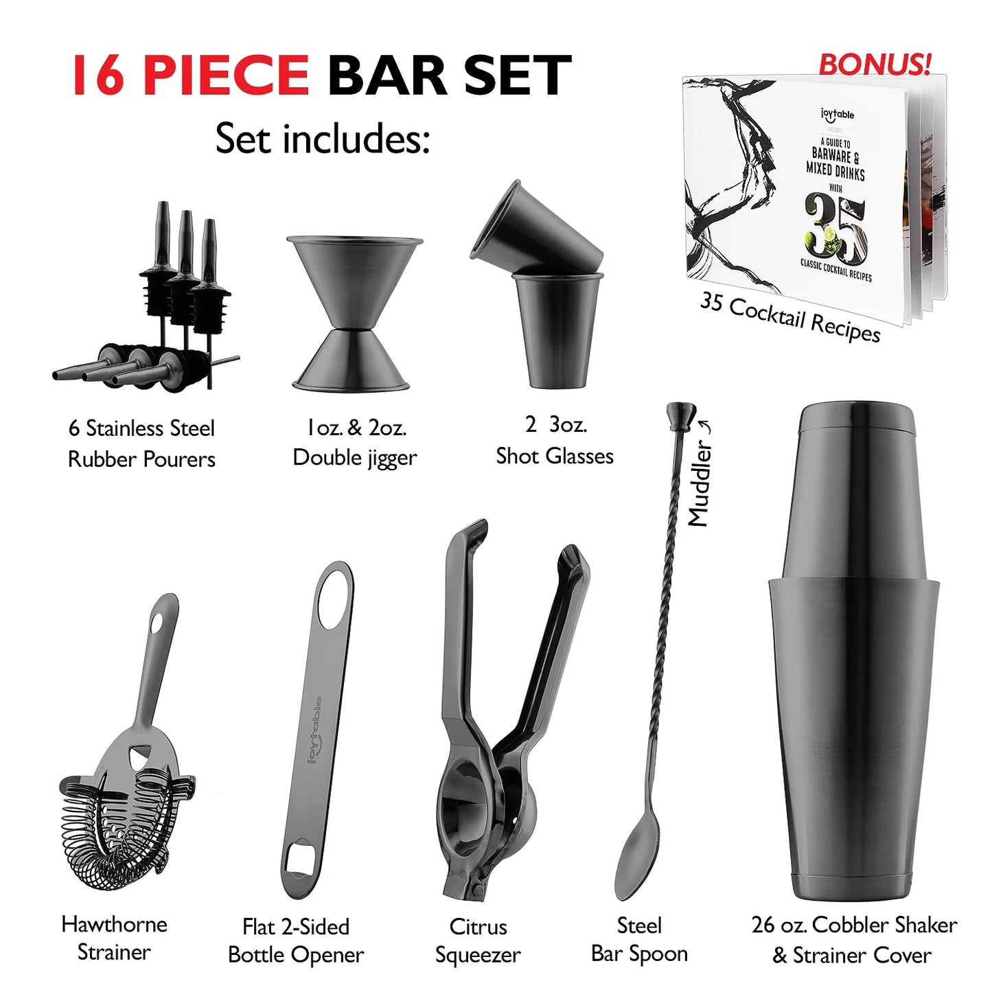DeBoom 16pc Bartender Cocktail Shaker Set, Stainless Steel Bartender Kit Bar Tool Set, with All Bar Accessories Plus Lemon Squeezer and Great Recipe Book