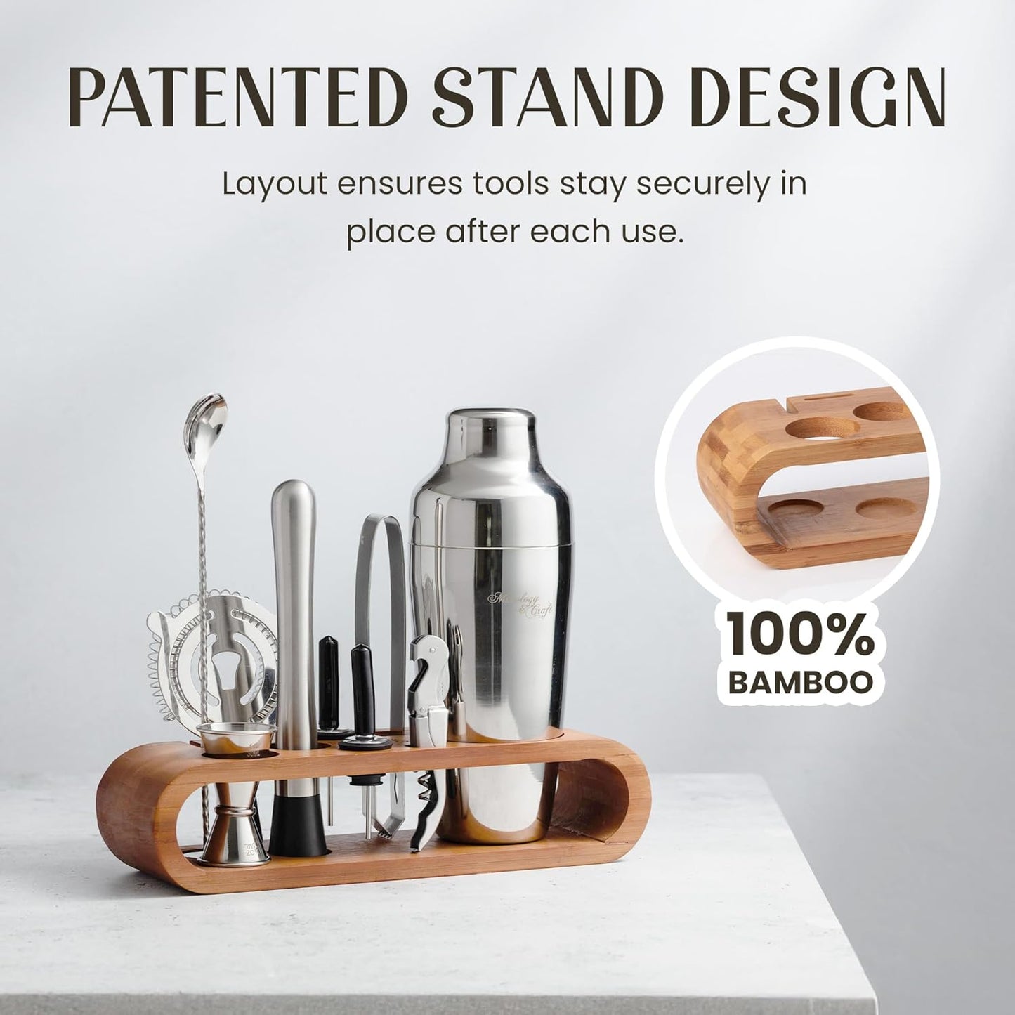 10-Piece Bar Tool Set with Bamboo Stand | Perfect Home Bartending Kit and Martini Cocktail Shaker Set for a Perfect Drink Mixing Experience | Fun Housewarming Gift (Silver)