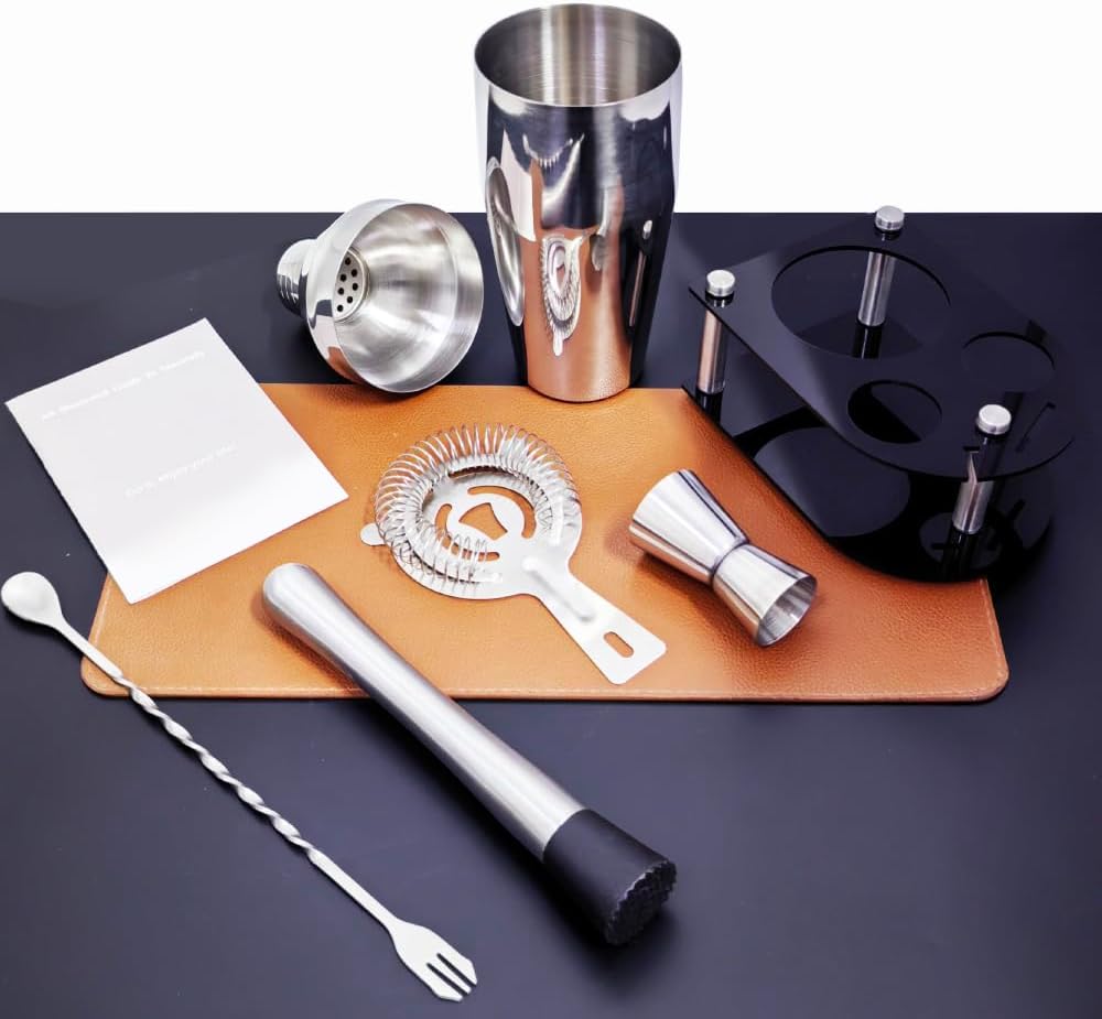 5 Piece Stainless Steel Bar Set, Cocktail Shaker Set with Stand, Drink Mixing Kit Includes Shaker,Strainer,Jigger, Bar Mixer Spoon, Muddler (750ml(25oz))