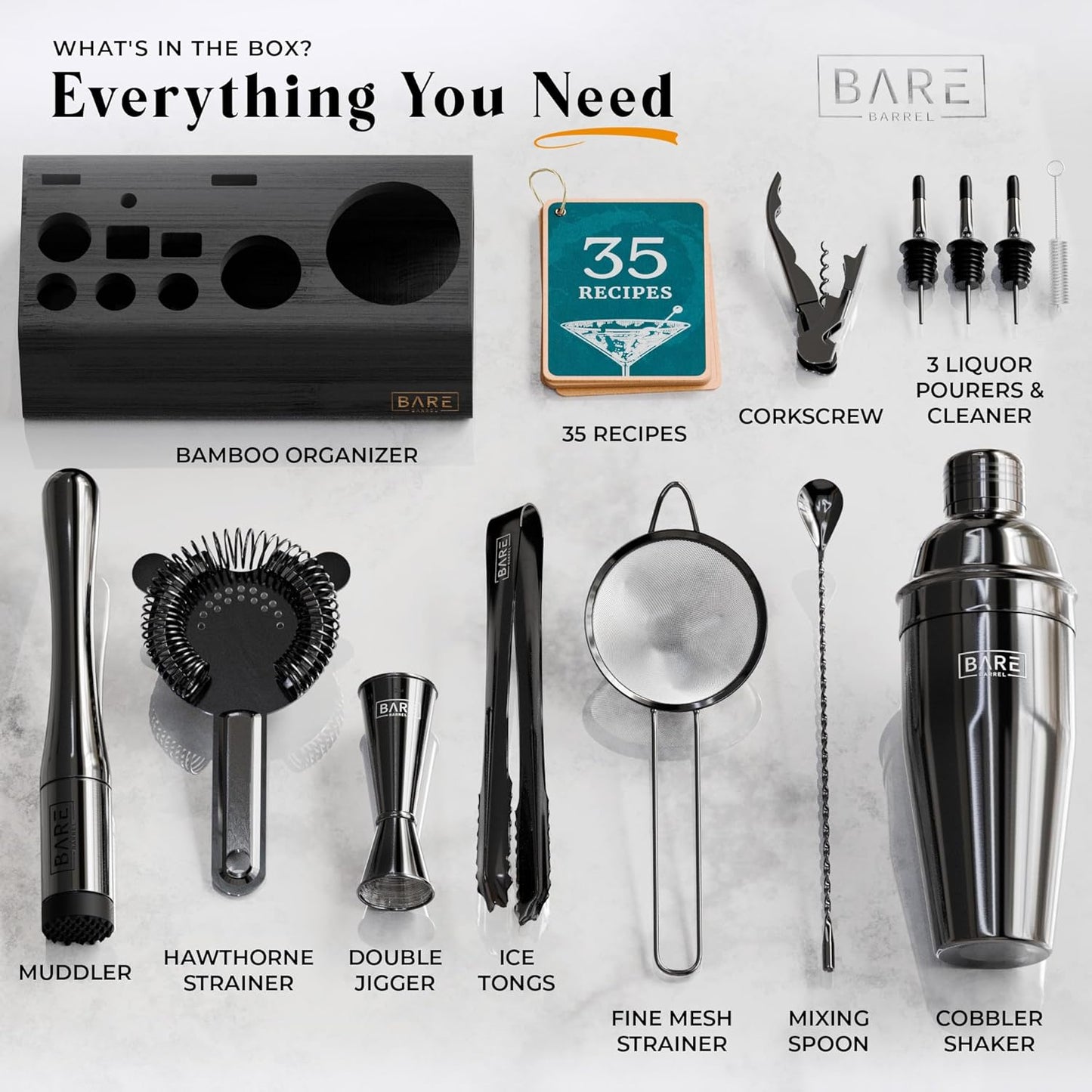 Mixology Bartender Kit Bar Set | 14-Piece Cocktail Shaker Set | Martini Barware Mixing Tools for Home Bartending | Incl. 35 Recipe Cards | Gift Set (24oz Cobbler Shaker, Jet Black/Black)