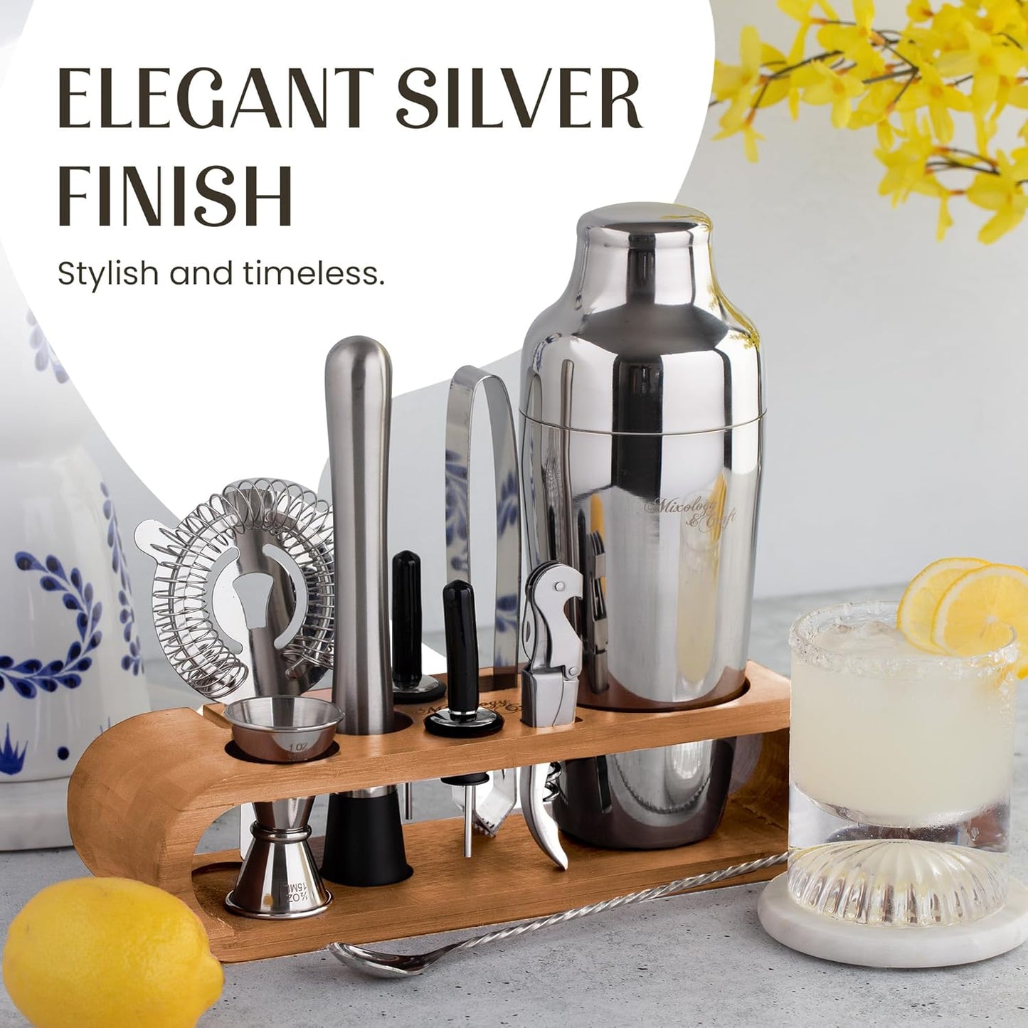 10-Piece Bar Tool Set with Bamboo Stand | Perfect Home Bartending Kit and Martini Cocktail Shaker Set for a Perfect Drink Mixing Experience | Fun Housewarming Gift (Silver)