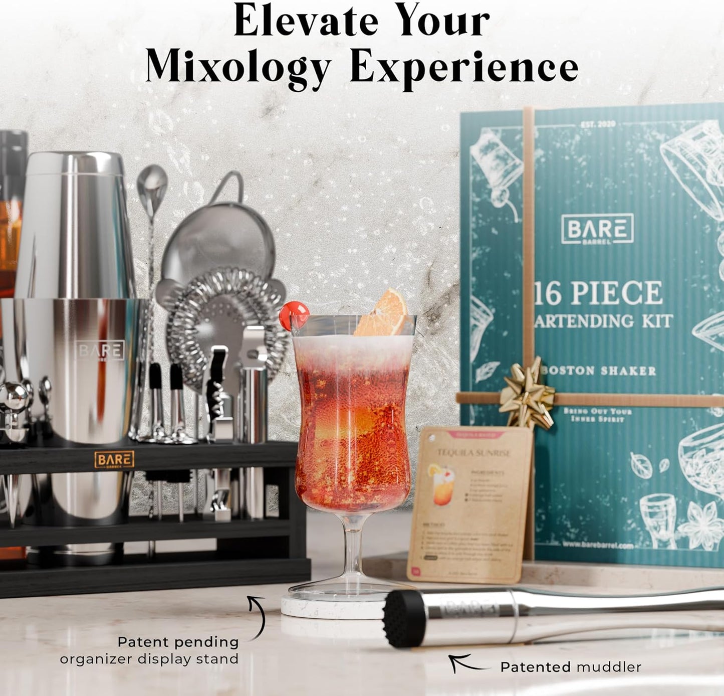 Mixology Bartender Kit Bar Set | 16-Piece Cocktail Shaker Set | Martini Barware Mixing Tools for Home Bartending | Incl. 35 Recipe Cards | Gift Set (28oz Boston Shaker, Silver/Black)