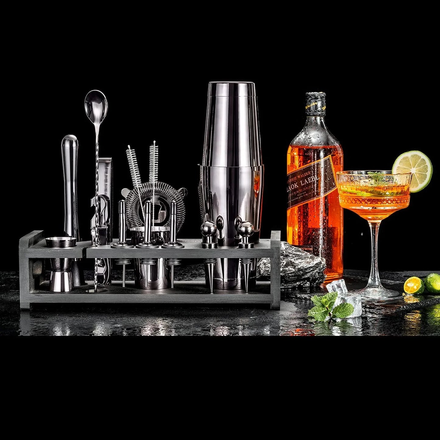 24-Piece Cocktail Shaker Set,Perfect Home Bartender Kit for Drink Mixing,Stainless Steel Bar Tools With Stand,Velvet Carry Bag & Recipes Cards Included (Black)