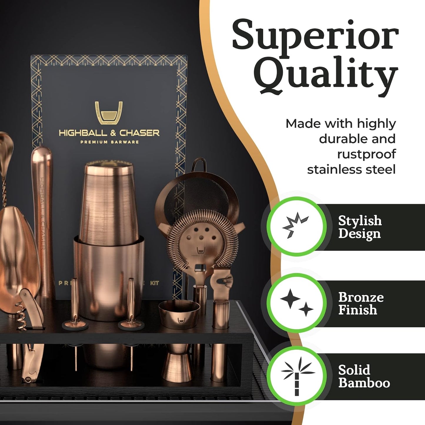 Bartender Kit with Black Bamboo Stand Beautiful Cocktail Shaker Set and Bar Tools Stainless Steel Boston Shaker Bartender Kit with Stand (Antique Copper)