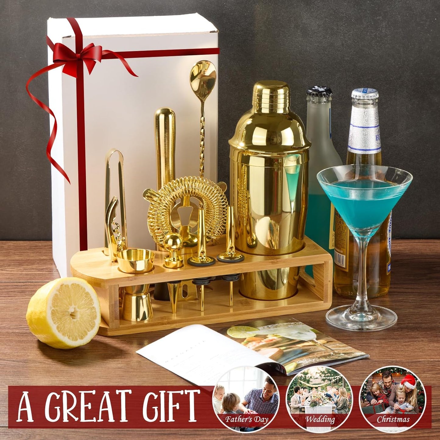 12-Piece Bar Tool Set with Bamboo Stand | Bars Set with All Practical Bar Accessories, for Drink Mixing, Bar, Home, Lounge & Party (Gold)
