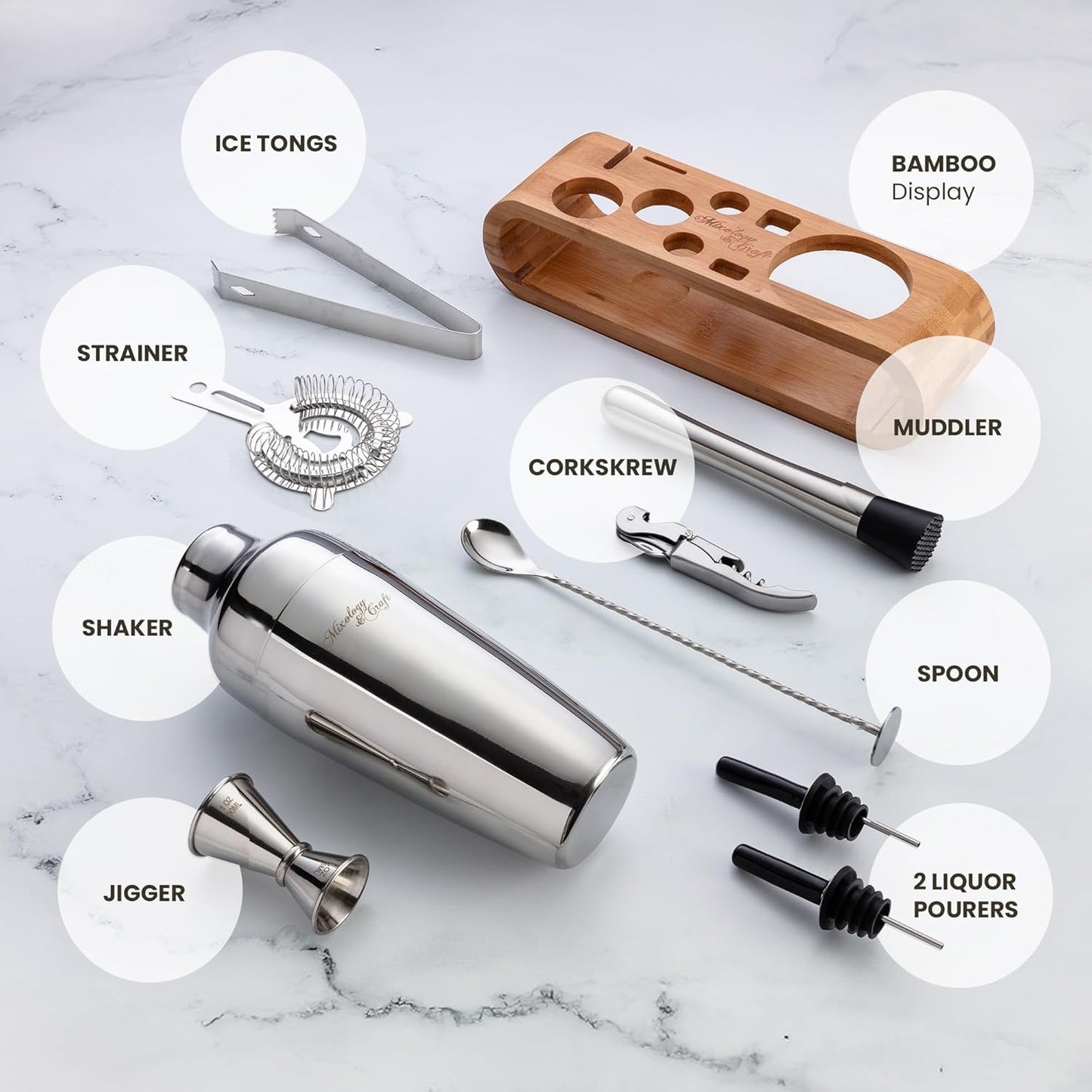 10-Piece Bar Tool Set with Bamboo Stand | Perfect Home Bartending Kit and Martini Cocktail Shaker Set for a Perfect Drink Mixing Experience | Fun Housewarming Gift (Silver)