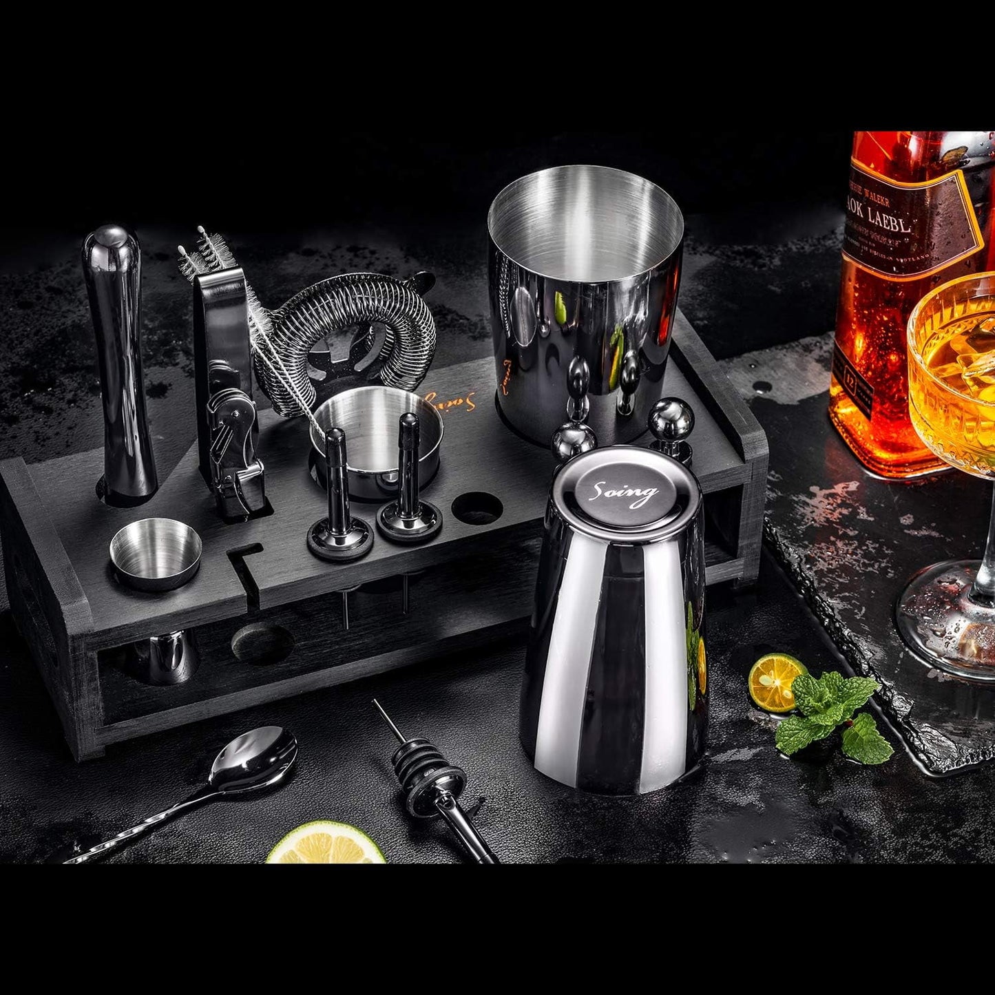 24-Piece Cocktail Shaker Set,Perfect Home Bartender Kit for Drink Mixing,Stainless Steel Bar Tools With Stand,Velvet Carry Bag & Recipes Cards Included (Black)