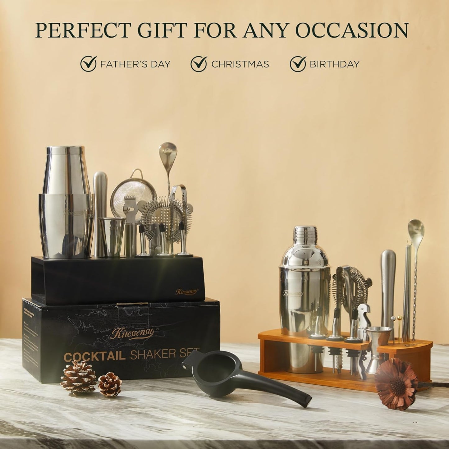 Boston Shaker Set Mixology Bartender Kit | Premium Cocktail Shaker Kit with Stand Professional Home Bar Tools Accessories: Martini Shaker, Citrus Tools, Fine Mesh Strainers, Muddler, Jigger