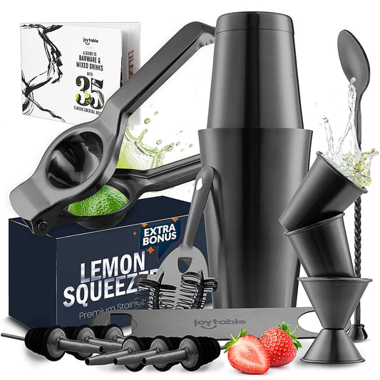 DeBoom 16pc Bartender Cocktail Shaker Set, Stainless Steel Bartender Kit Bar Tool Set, with All Bar Accessories Plus Lemon Squeezer and Great Recipe Book