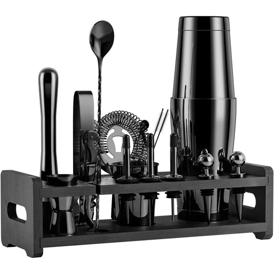 24-Piece Cocktail Shaker Set,Perfect Home Bartender Kit for Drink Mixing,Stainless Steel Bar Tools With Stand,Velvet Carry Bag & Recipes Cards Included (Black)