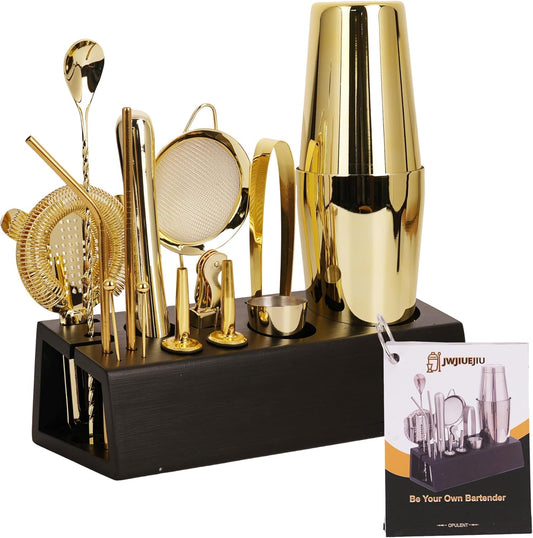 15-Piece Cocktail Shaker Set with Bamboo Stand, Stainless Steel Bar Set Accessories, Professional Bartending Kit Home Bar Tools Set with Recipes (Gold, Black Stand)