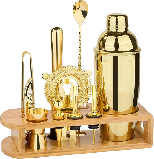 12-Piece Bar Tool Set with Bamboo Stand | Bars Set with All Practical Bar Accessories, for Drink Mixing, Bar, Home, Lounge & Party (Gold)