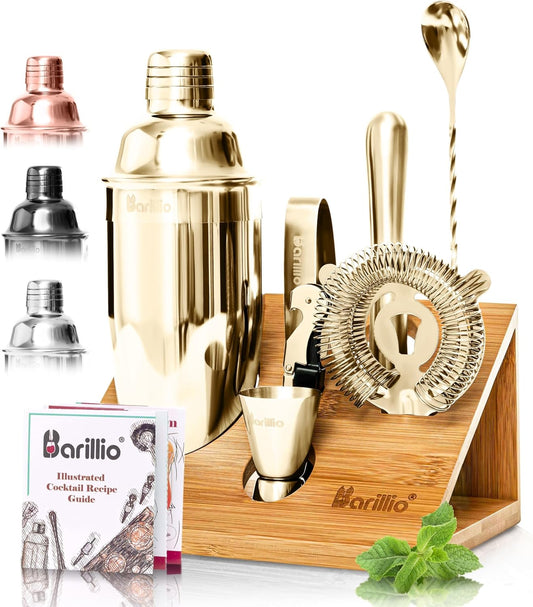 Stainless-Steel Cocktail Shaker Set w/Bamboo Stand - Mixology Bar Tools w/Shaker, Drink Mixer Spoon & Muddler for Cocktails - Home Bar Accessories - 10-Pc Bar Set