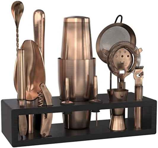 Bartender Kit with Black Bamboo Stand Beautiful Cocktail Shaker Set and Bar Tools Stainless Steel Boston Shaker Bartender Kit with Stand (Antique Copper)