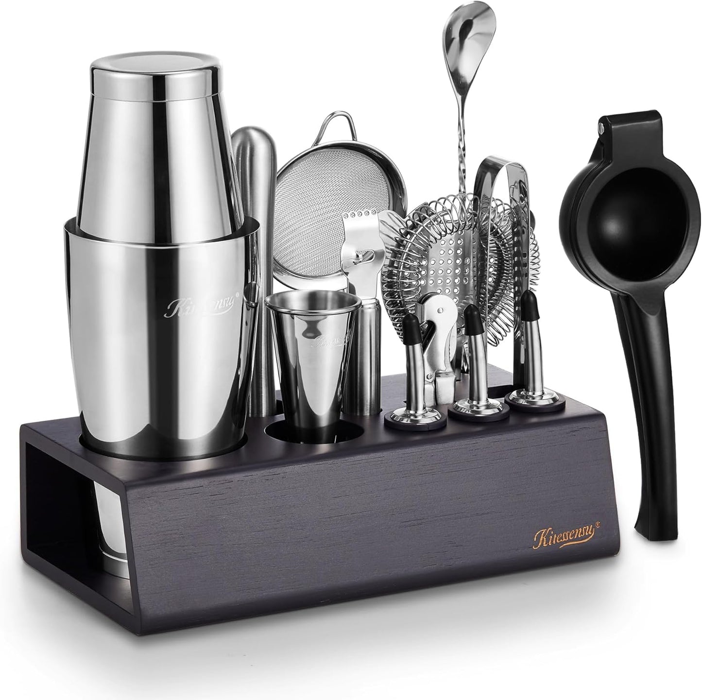 Boston Shaker Set Mixology Bartender Kit | Premium Cocktail Shaker Kit with Stand Professional Home Bar Tools Accessories: Martini Shaker, Citrus Tools, Fine Mesh Strainers, Muddler, Jigger