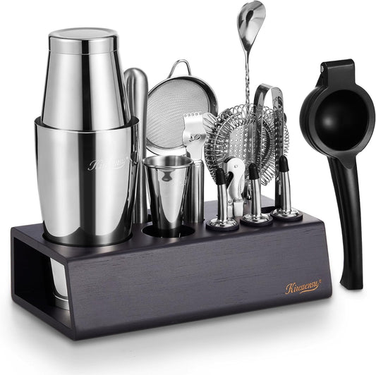 Boston Shaker Set Mixology Bartender Kit | Premium Cocktail Shaker Kit with Stand Professional Home Bar Tools Accessories: Martini Shaker, Citrus Tools, Fine Mesh Strainers, Muddler, Jigger