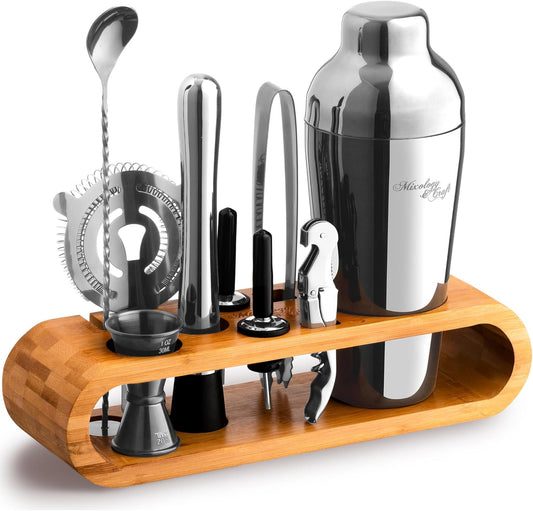 10-Piece Bar Tool Set with Bamboo Stand | Perfect Home Bartending Kit and Martini Cocktail Shaker Set for a Perfect Drink Mixing Experience | Fun Housewarming Gift (Silver)