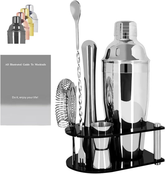 5 Piece Stainless Steel Bar Set, Cocktail Shaker Set with Stand, Drink Mixing Kit Includes Shaker,Strainer,Jigger, Bar Mixer Spoon, Muddler ﻿(750ml(25oz))