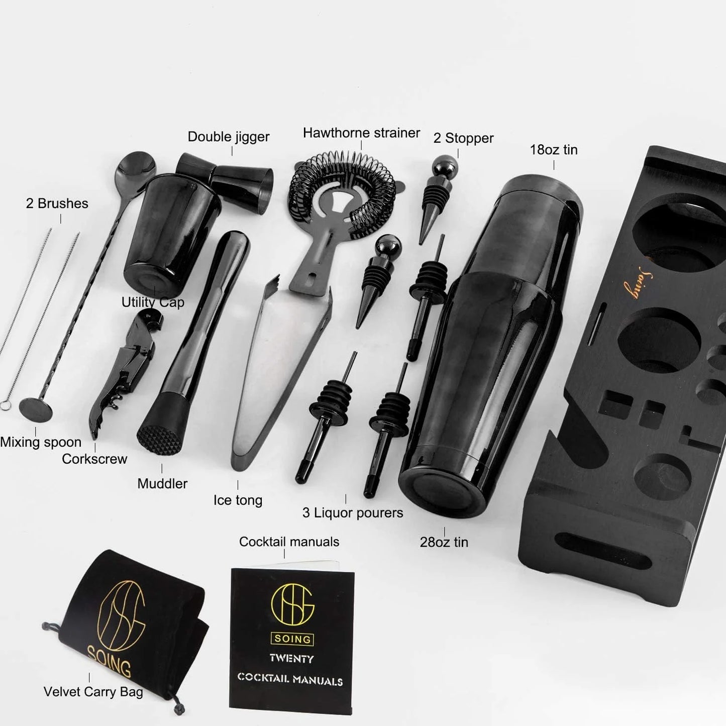 24-Piece Cocktail Shaker Set,Perfect Home Bartender Kit for Drink Mixing,Stainless Steel Bar Tools With Stand,Velvet Carry Bag & Recipes Cards Included (Black)