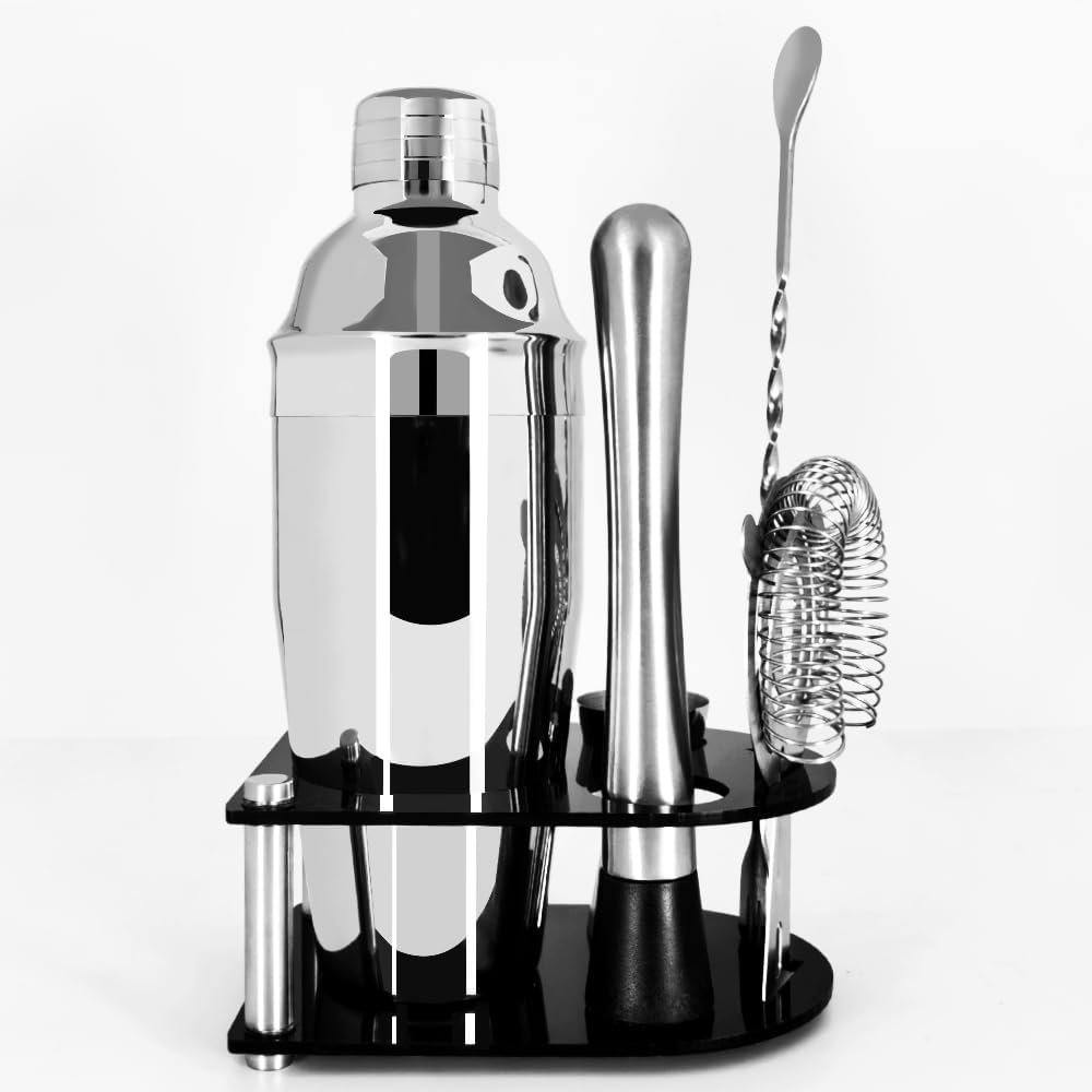 5 Piece Stainless Steel Bar Set, Cocktail Shaker Set with Stand, Drink Mixing Kit Includes Shaker,Strainer,Jigger, Bar Mixer Spoon, Muddler ﻿(750ml(25oz))