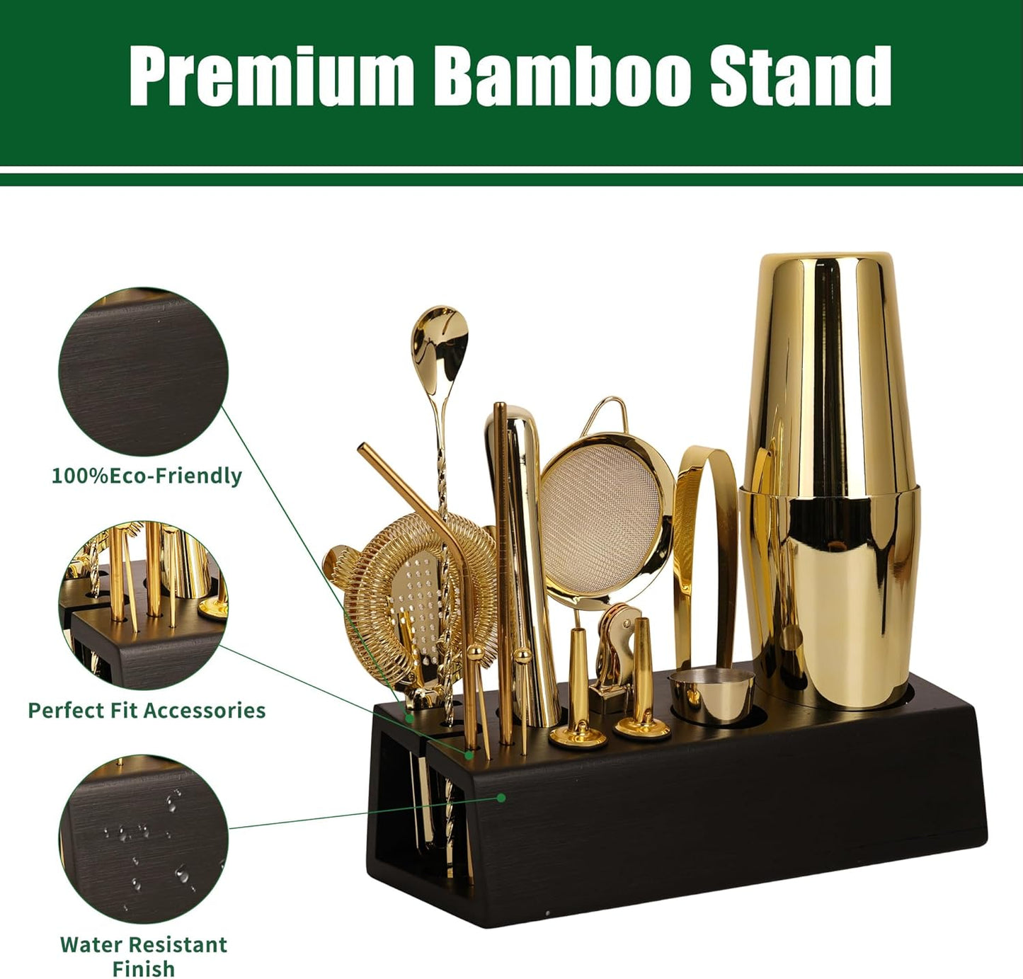 15-Piece Cocktail Shaker Set with Bamboo Stand, Stainless Steel Bar Set Accessories, Professional Bartending Kit Home Bar Tools Set with Recipes (Gold, Black Stand)