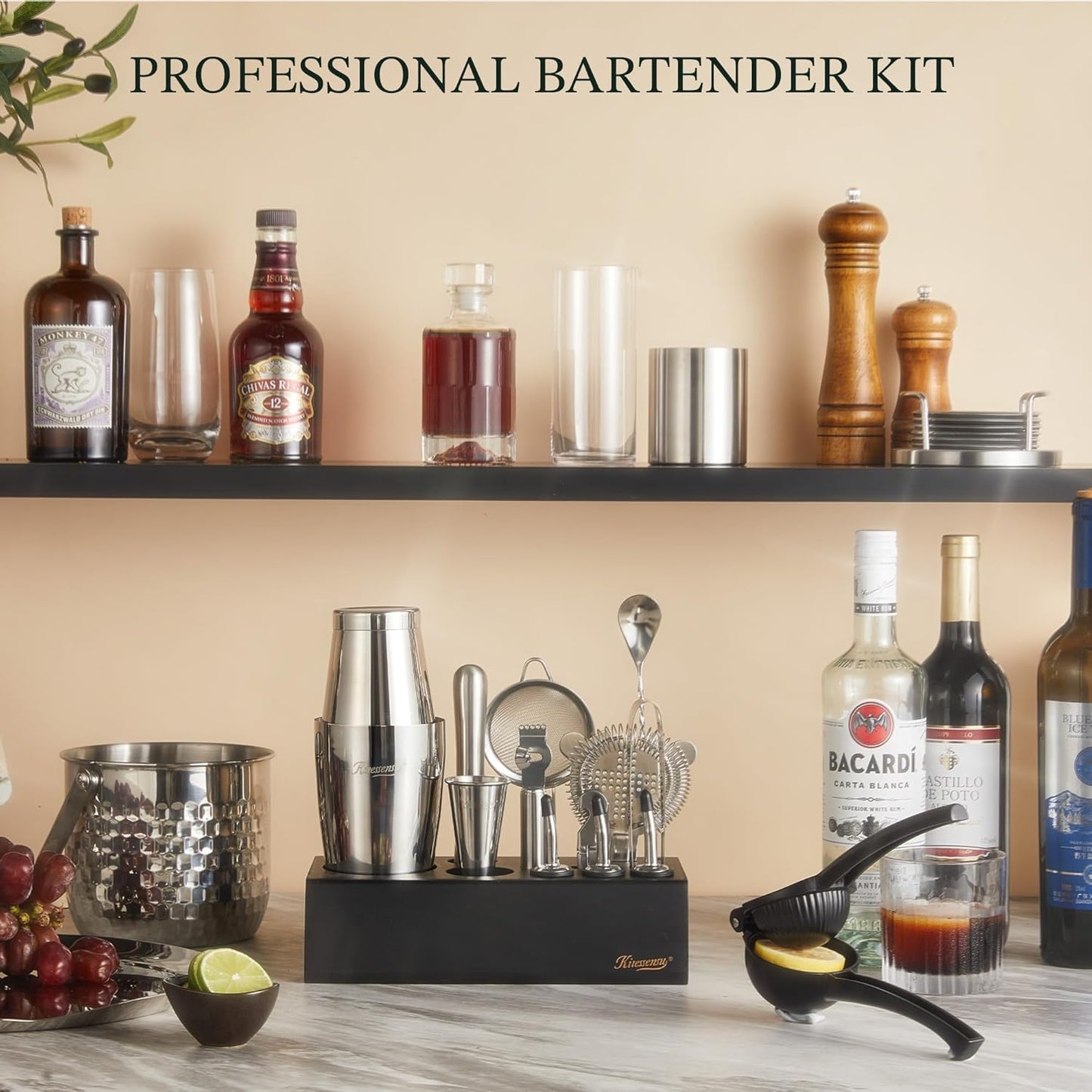 Boston Shaker Set Mixology Bartender Kit | Premium Cocktail Shaker Kit with Stand Professional Home Bar Tools Accessories: Martini Shaker, Citrus Tools, Fine Mesh Strainers, Muddler, Jigger