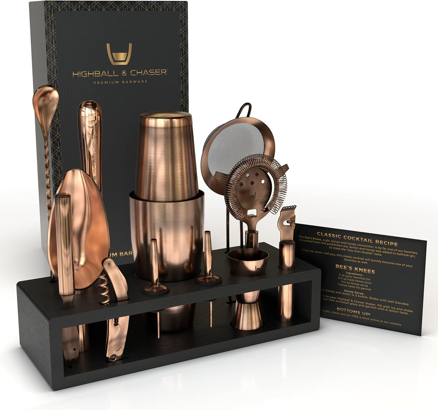Bartender Kit with Black Bamboo Stand Beautiful Cocktail Shaker Set and Bar Tools Stainless Steel Boston Shaker Bartender Kit with Stand (Antique Copper)