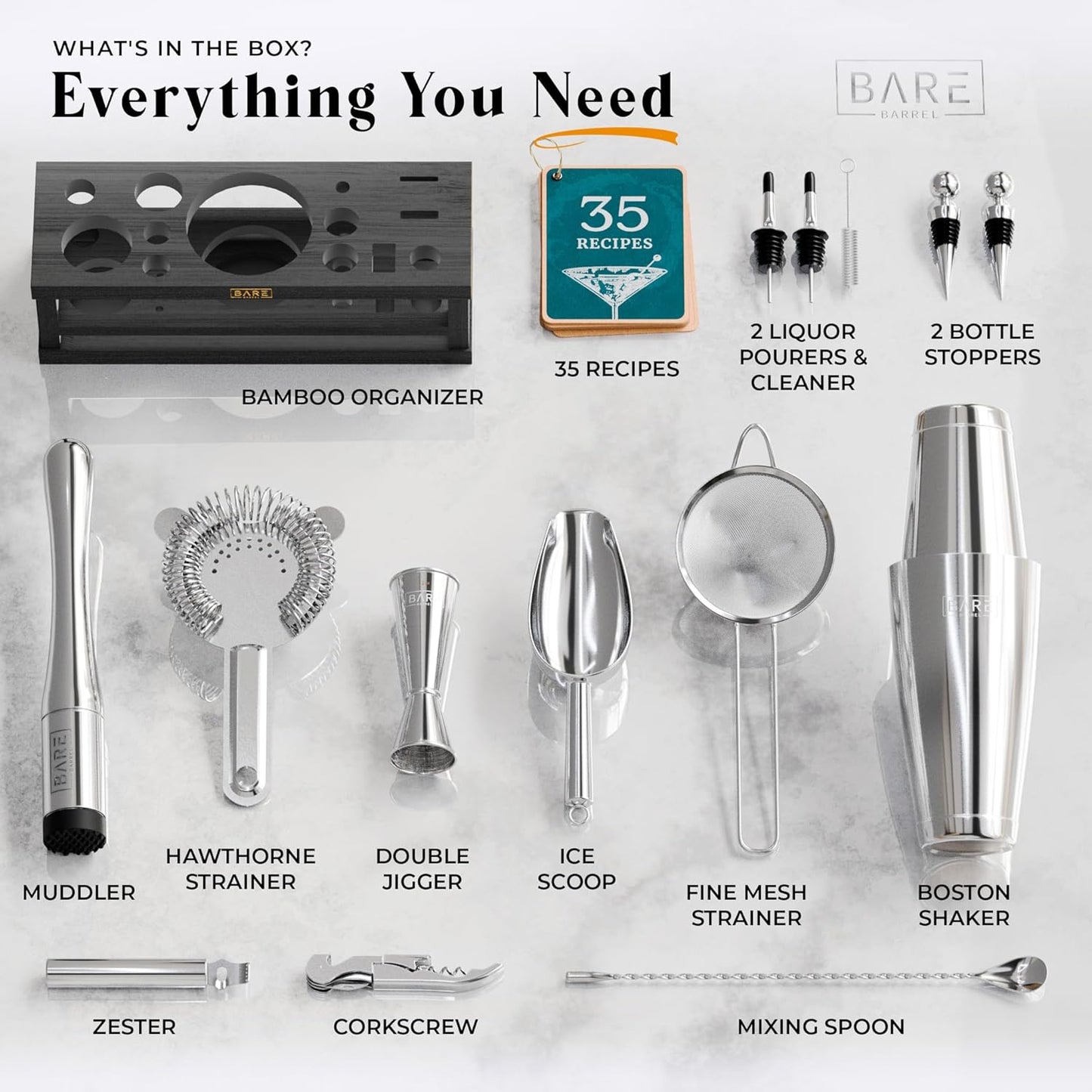 Mixology Bartender Kit Bar Set | 16-Piece Cocktail Shaker Set | Martini Barware Mixing Tools for Home Bartending | Incl. 35 Recipe Cards | Gift Set (28oz Boston Shaker, Silver/Black)