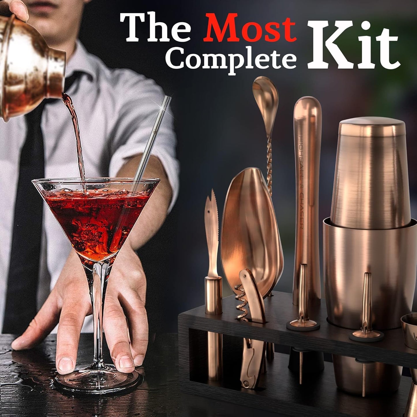 Bartender Kit with Black Bamboo Stand Beautiful Cocktail Shaker Set and Bar Tools Stainless Steel Boston Shaker Bartender Kit with Stand (Antique Copper)