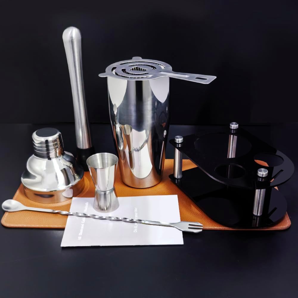 5 Piece Stainless Steel Bar Set, Cocktail Shaker Set with Stand, Drink Mixing Kit Includes Shaker,Strainer,Jigger, Bar Mixer Spoon, Muddler ﻿(750ml(25oz))