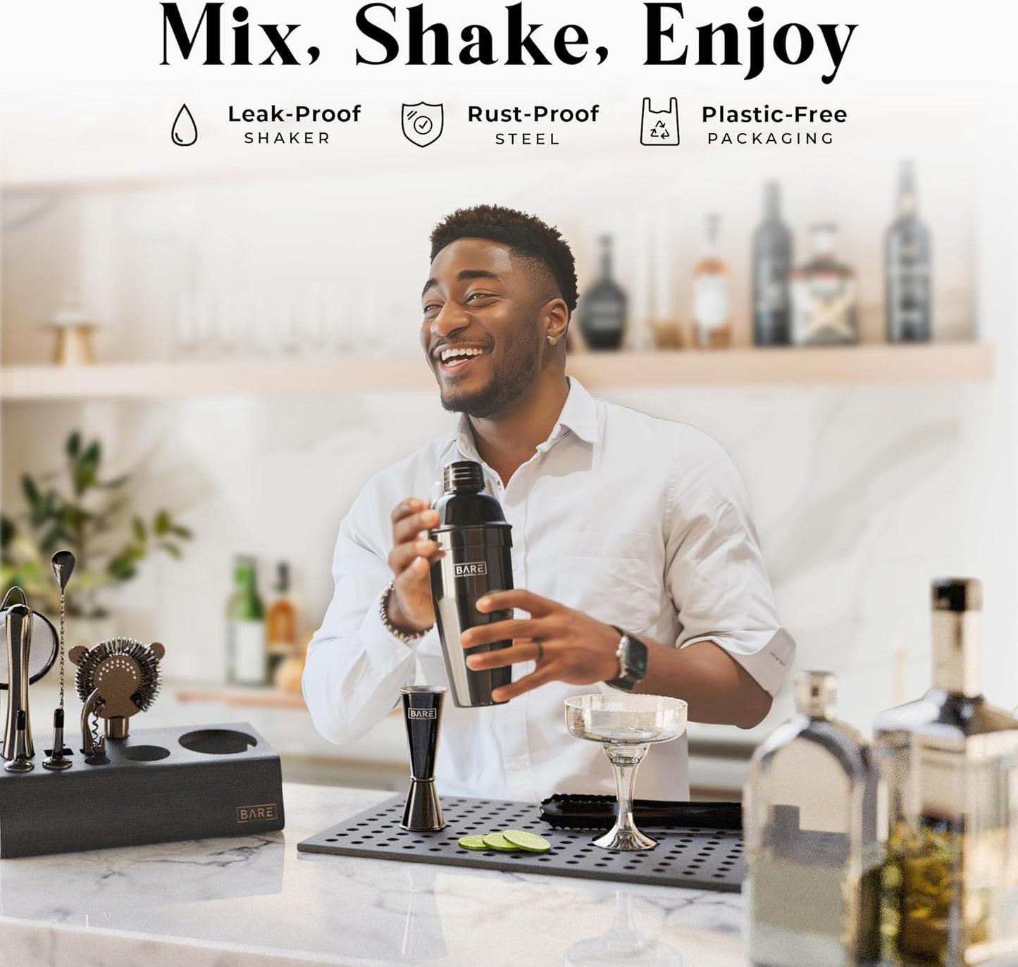 Mixology Bartender Kit Bar Set | 14-Piece Cocktail Shaker Set | Martini Barware Mixing Tools for Home Bartending | Incl. 35 Recipe Cards | Gift Set (24oz Cobbler Shaker, Jet Black/Black)