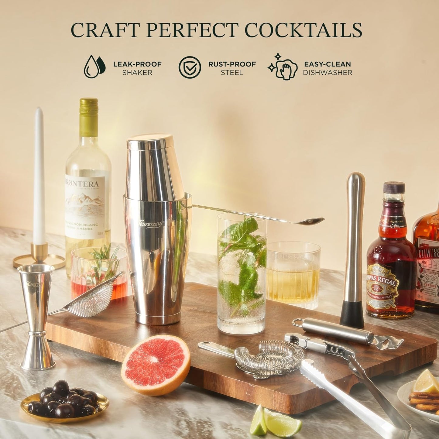 Boston Shaker Set Mixology Bartender Kit | Premium Cocktail Shaker Kit with Stand Professional Home Bar Tools Accessories: Martini Shaker, Citrus Tools, Fine Mesh Strainers, Muddler, Jigger