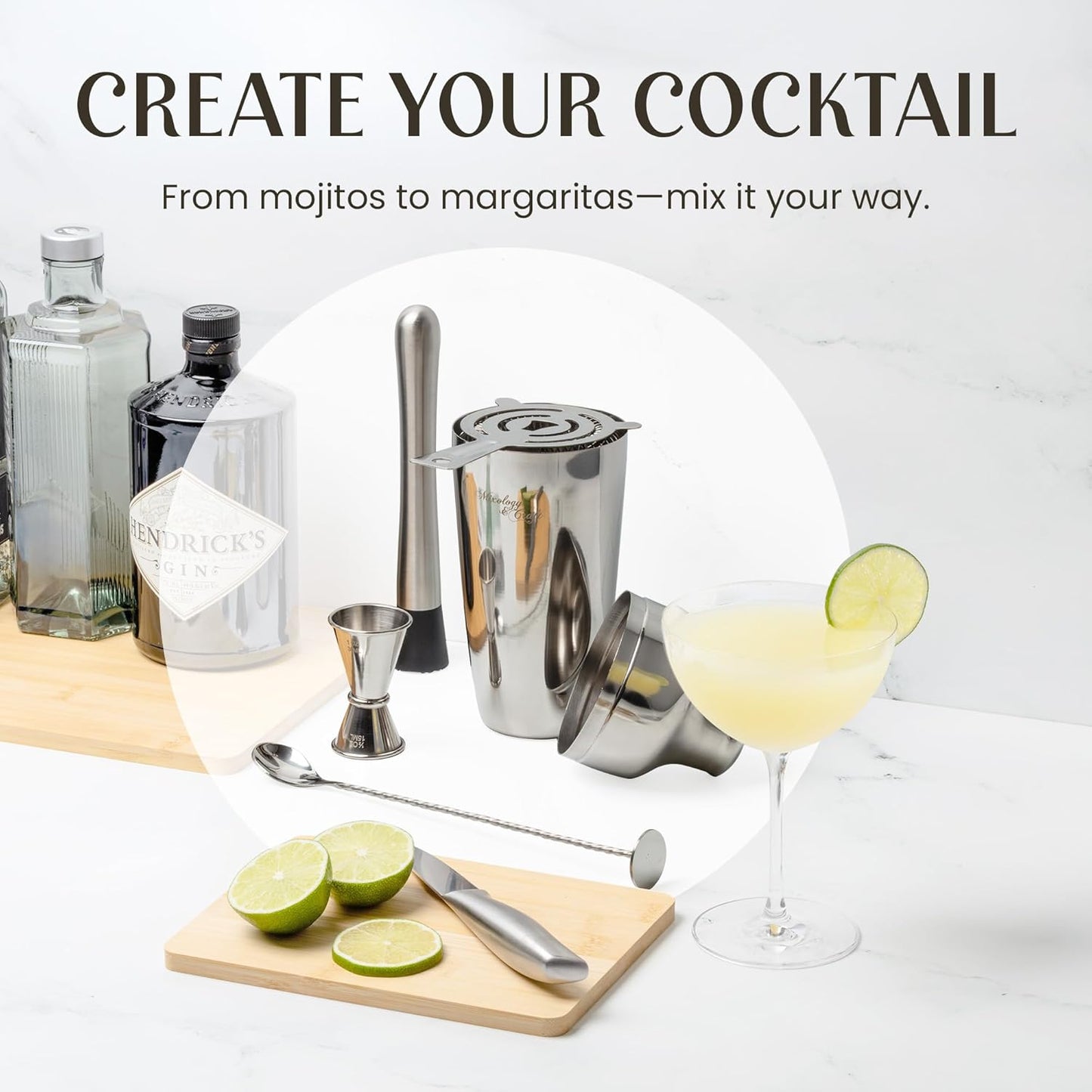 10-Piece Bar Tool Set with Bamboo Stand | Perfect Home Bartending Kit and Martini Cocktail Shaker Set for a Perfect Drink Mixing Experience | Fun Housewarming Gift (Silver)