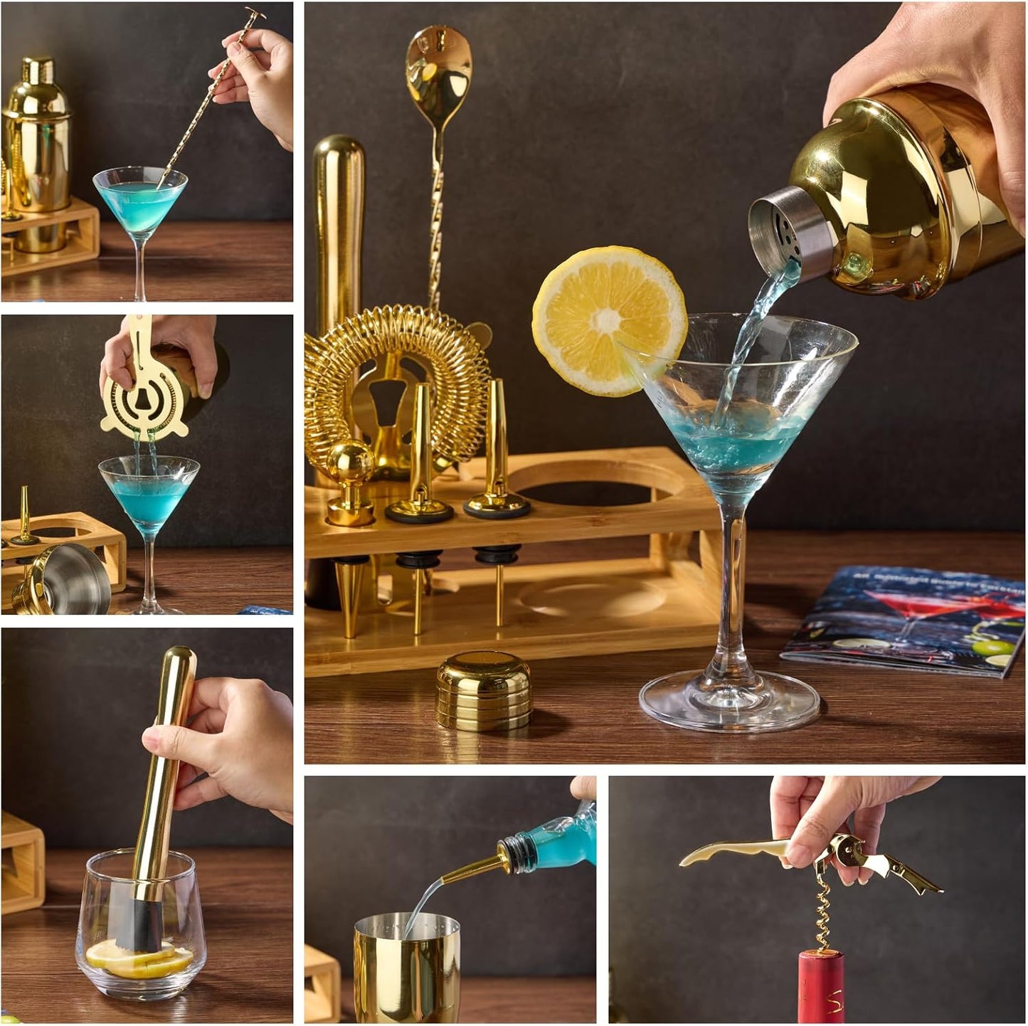 12-Piece Bar Tool Set with Bamboo Stand | Bars Set with All Practical Bar Accessories, for Drink Mixing, Bar, Home, Lounge & Party (Gold)