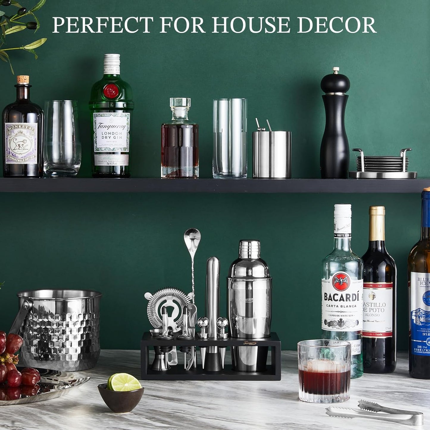 12-Piece Cocktail Shaker Set with Stand | Mixology Bartender Kit Bar Set with Essential Bar Accessories for Home Bar: Martini Shaker, Jigger, Muddler, Bar Spoon | Drink Mixer Cocktail Kit