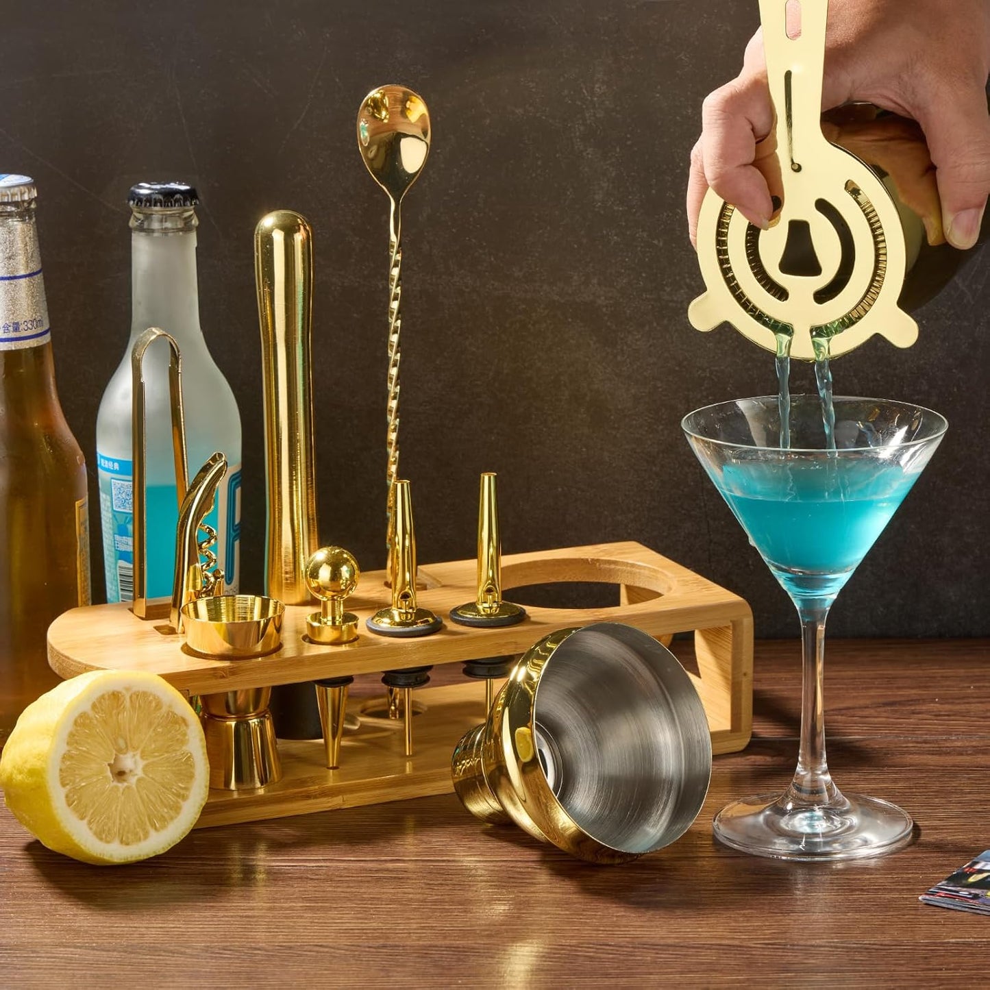 12-Piece Bar Tool Set with Bamboo Stand | Bars Set with All Practical Bar Accessories, for Drink Mixing, Bar, Home, Lounge & Party (Gold)