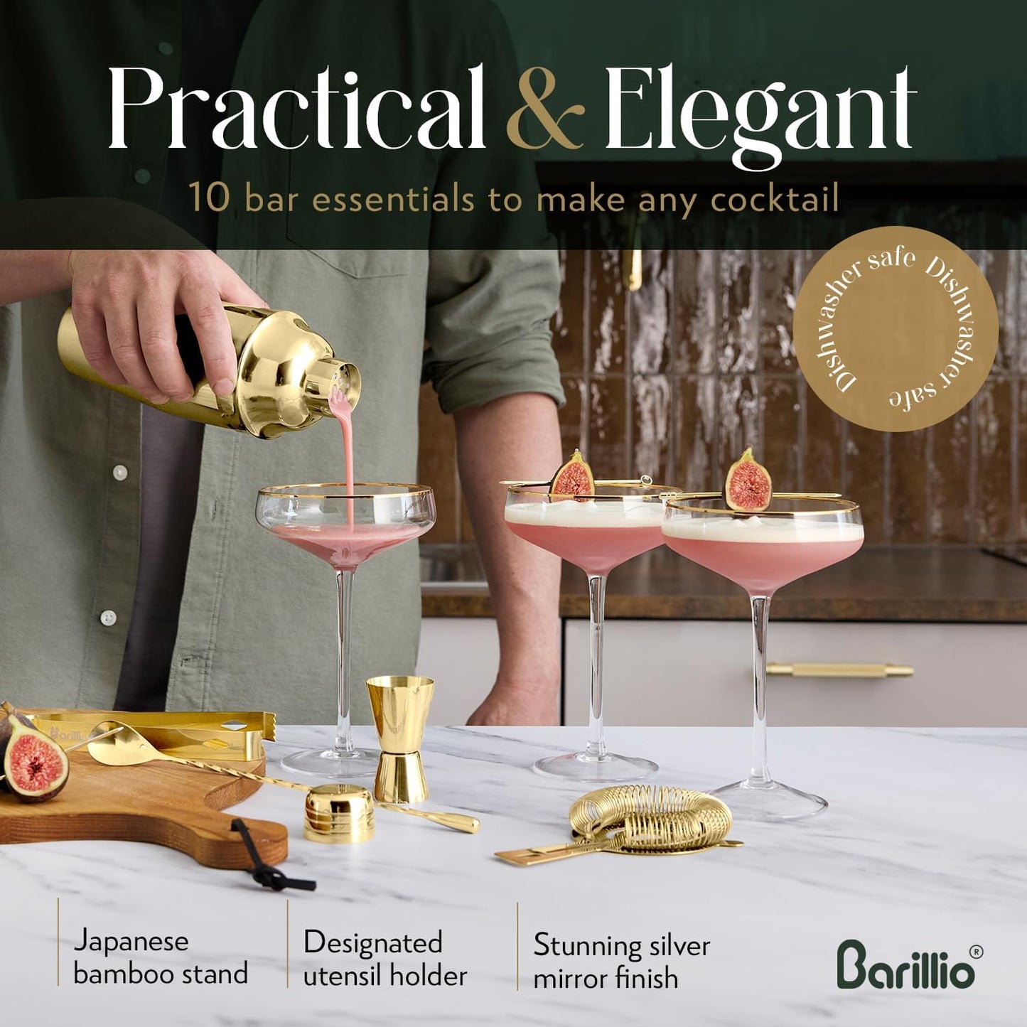 Stainless-Steel Cocktail Shaker Set w/Bamboo Stand - Mixology Bar Tools w/Shaker, Drink Mixer Spoon & Muddler for Cocktails - Home Bar Accessories - 10-Pc Bar Set