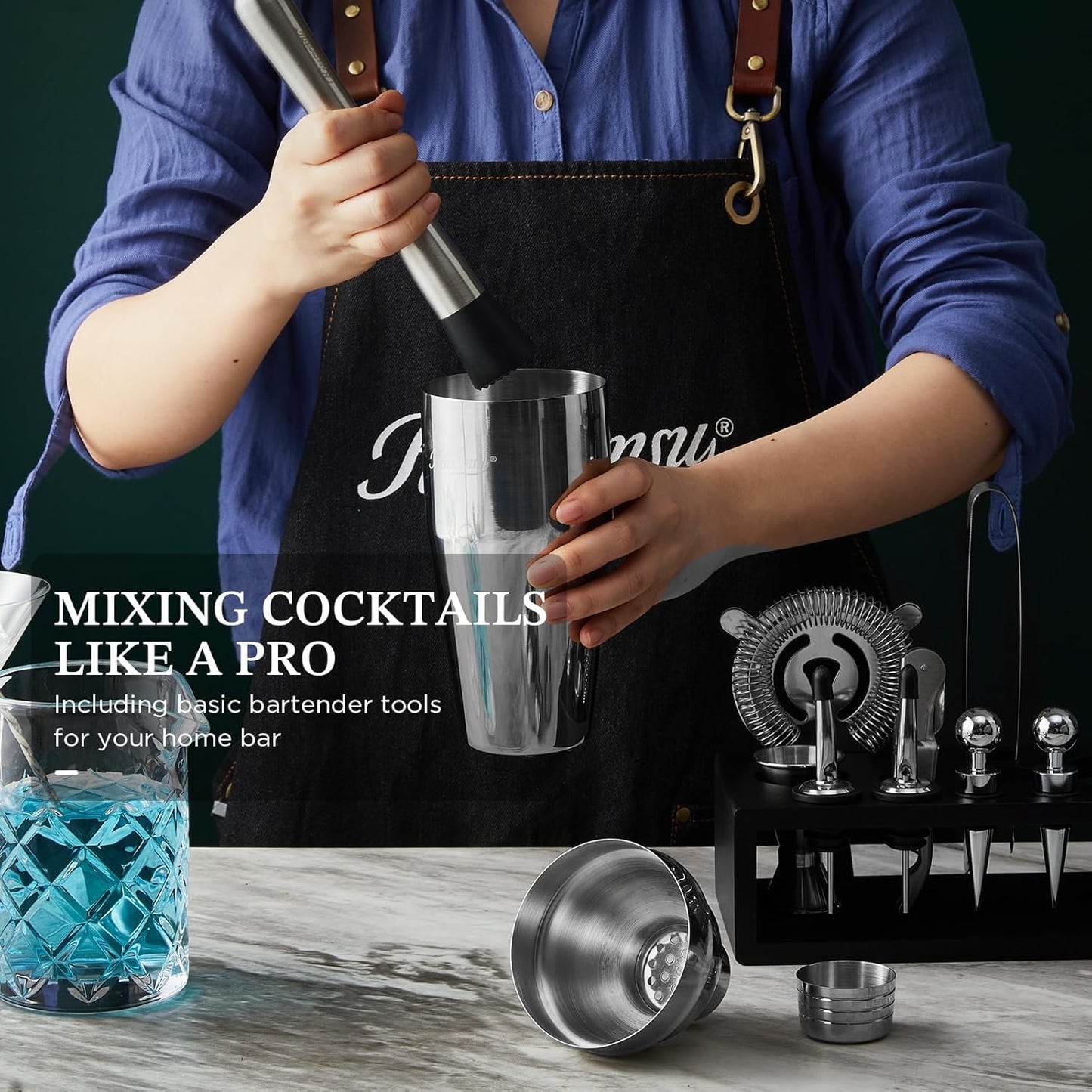 12-Piece Cocktail Shaker Set with Stand | Mixology Bartender Kit Bar Set with Essential Bar Accessories for Home Bar: Martini Shaker, Jigger, Muddler, Bar Spoon | Drink Mixer Cocktail Kit
