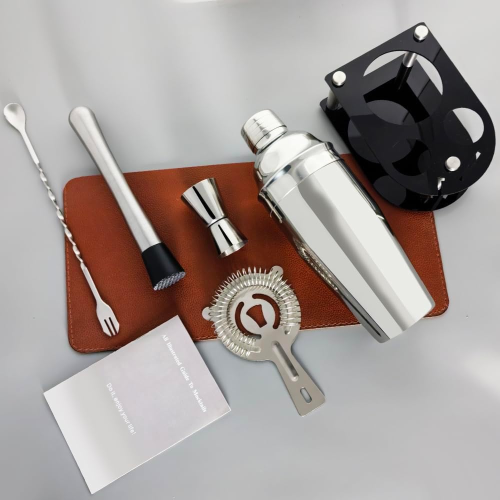 5 Piece Stainless Steel Bar Set, Cocktail Shaker Set with Stand, Drink Mixing Kit Includes Shaker,Strainer,Jigger, Bar Mixer Spoon, Muddler ﻿(750ml(25oz))