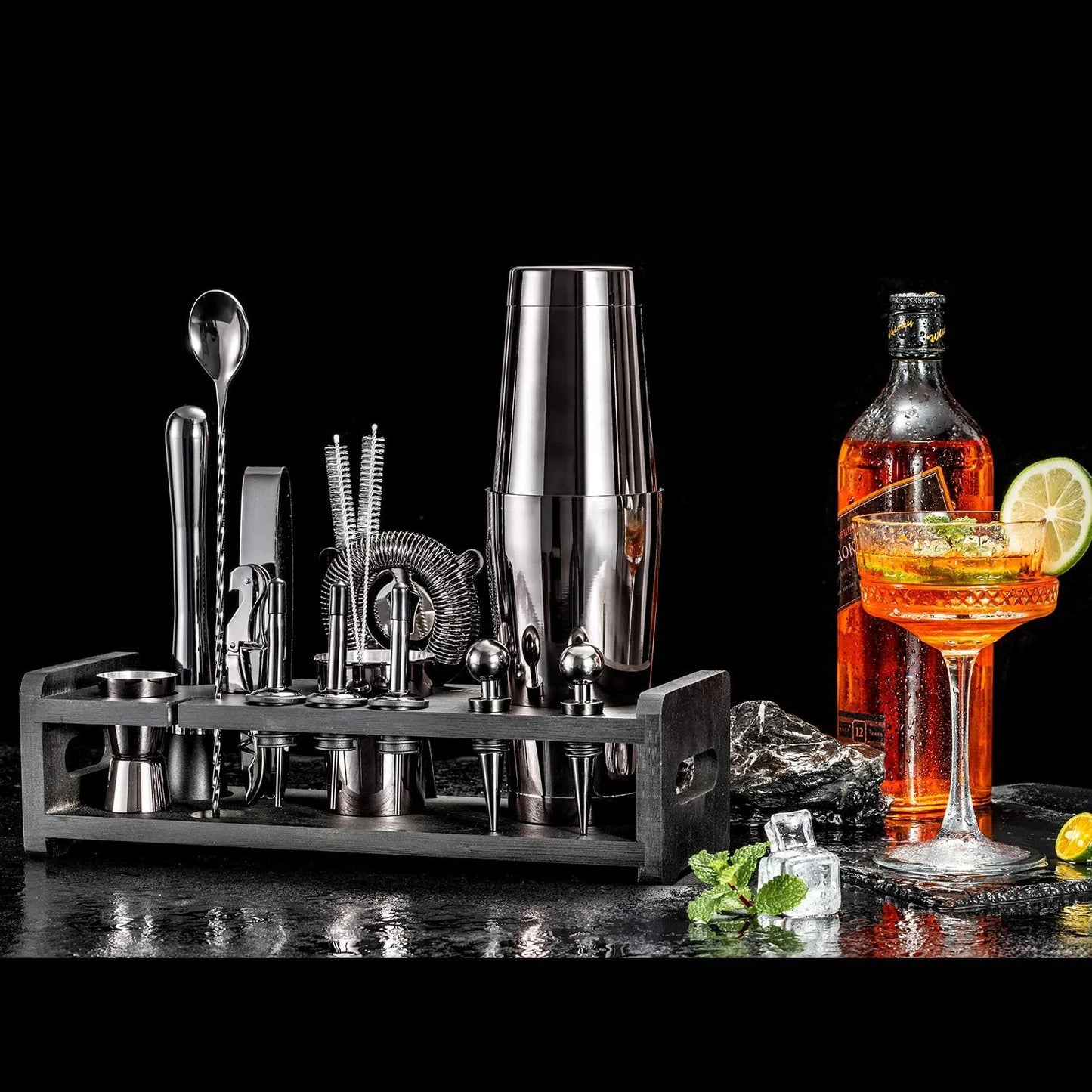 24-Piece Cocktail Shaker Set,Perfect Home Bartender Kit for Drink Mixing,Stainless Steel Bar Tools With Stand,Velvet Carry Bag & Recipes Cards Included (Black)